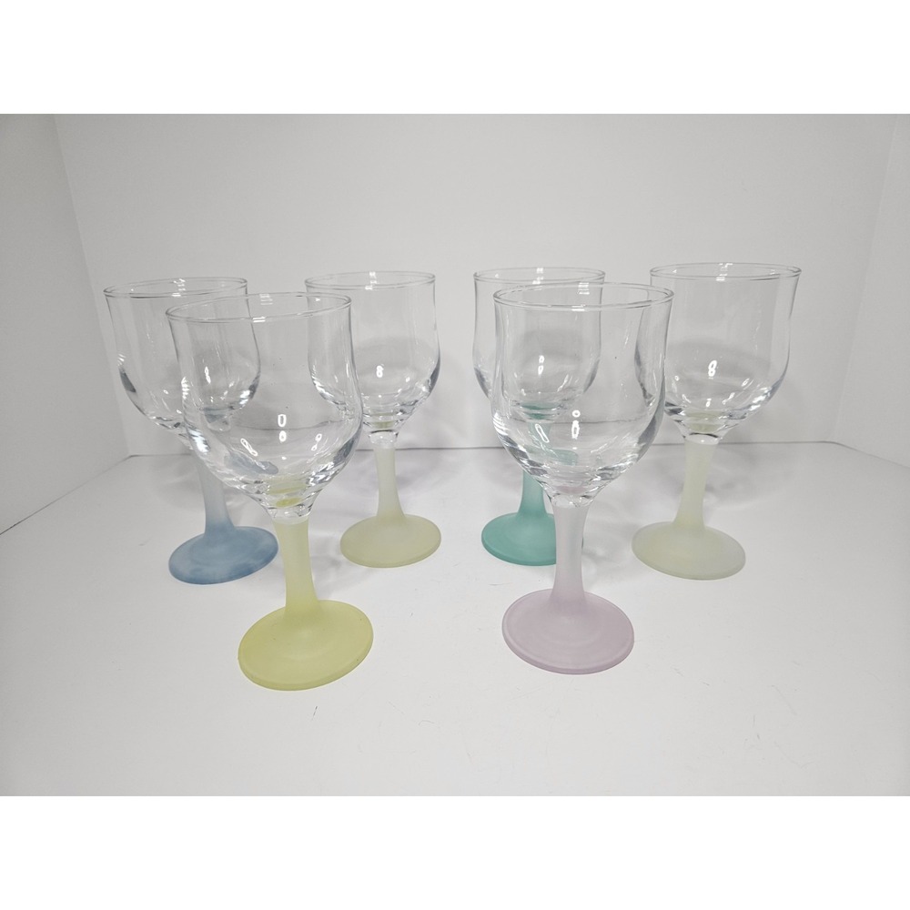 Vintage Clear Wine Glasses Goblet Pastel Frosted Satin Color Stems Set of 6
